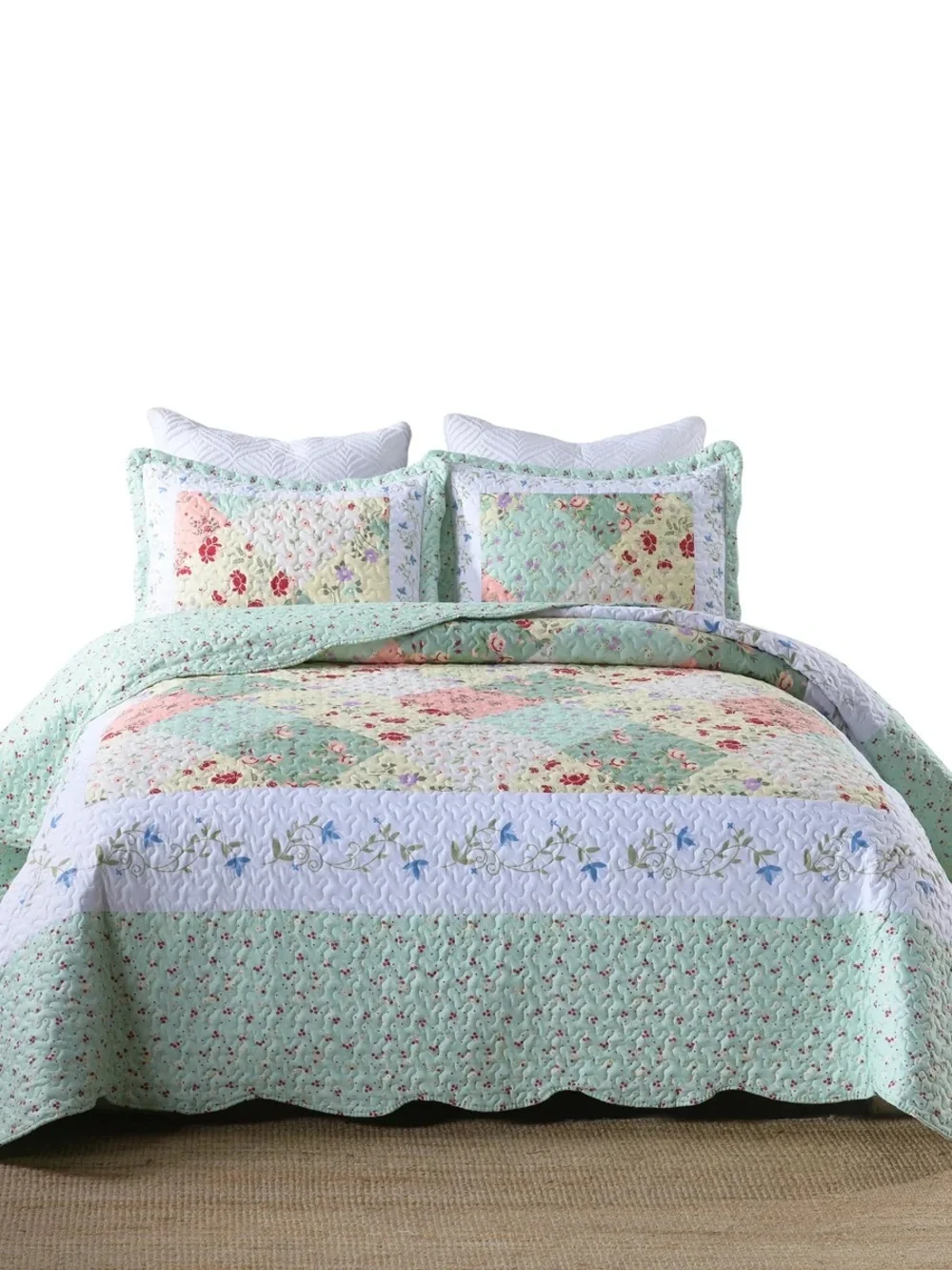 Floral Patchwork king 3 piece Quilt Set - Mint Green